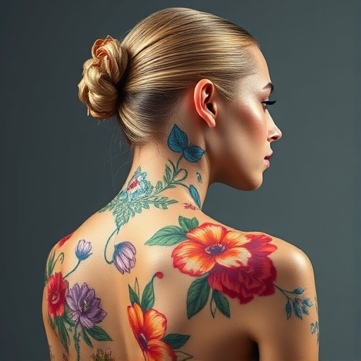 Create a hyper-realistic portrait of a fashion model with intricate floral designs and vibrant colors on her back, using a Canon EOS R5 with an 85mm f/1.2 lens, aperture set at f/2.8, ISO 100, and soft studio lighting to capture exquisite details and textures.