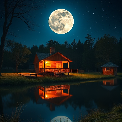 Generate a high-quality image of a quaint wooden house illuminated by warm lights, situated near a calm pond reflecting the house, under a large, vivid full moon in a starry night sky, using a DSLR camera with a 24mm lens, aperture f/2.8, ISO 400, shutter speed 20 seconds, and a low-angle view to capture the majestic moon and the tranquil scene.