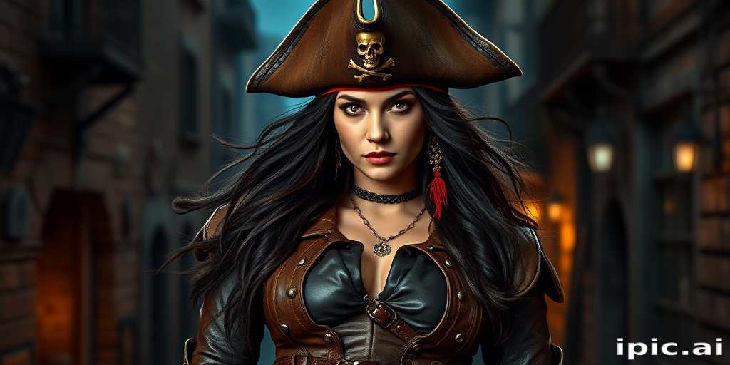 Create a portrait of a fierce female pirate. She wears a leather tricorn hat adorned with a skull and crossbones emblem, and her long, dark hair flows around her face. Her outfit consists of a richly detailed leather jacket, a corset, and multiple layers of belts and accessories, giving her a formidable and stylish appearance. She stands confidently in a dimly lit, historic port town, with a backdrop of weathered buildings and cobblestone streets, capturing the adventurous spirit of a pirate.