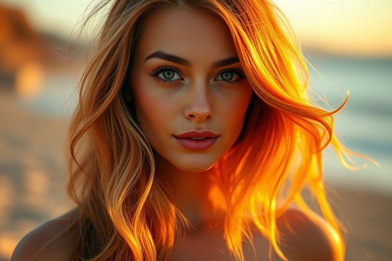 Stunning portrait of a woman with Sunset Ombre hair, flowing from deep orange to pale yellow, styled in loose beach waves cascading over her shoulders, reflecting golden hour light