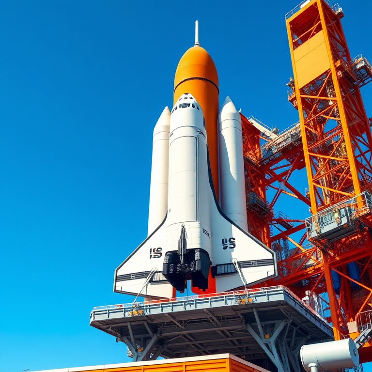 Create a high-resolution illustration of a space shuttle on the launch pad with a front view, using a Canon EOS 5D Mark IV camera, aperture f/8, ISO 100, shutter speed 1/200 sec, in a vibrant color style with a clear blue sky background.