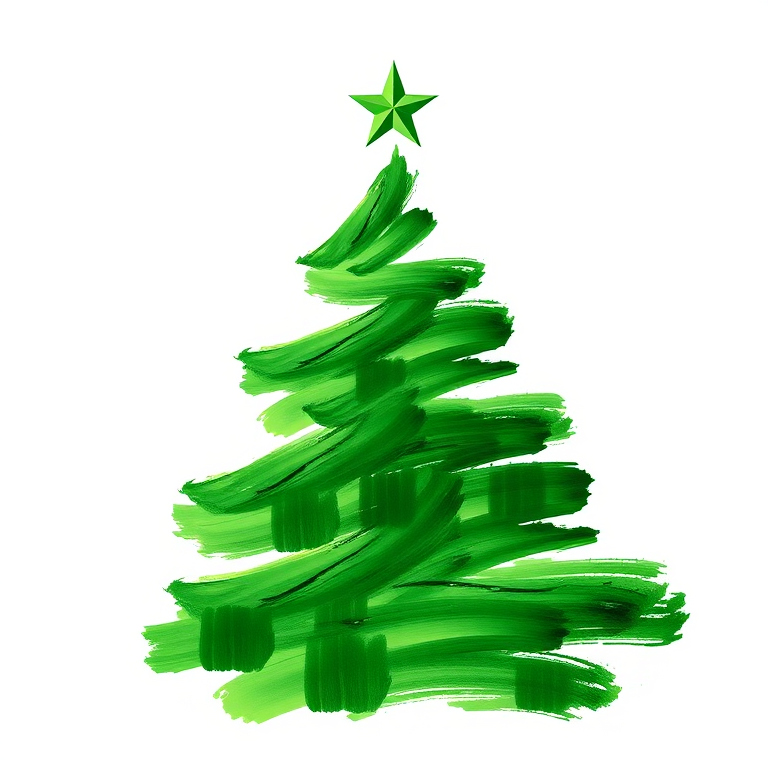 Create a high-resolution image of a stylized green Christmas tree composed of abstract brush strokes on a white background, shot with a DSLR camera at 50mm f/1.8, ISO 100, natural light, focusing on vibrant colors and sharp details.