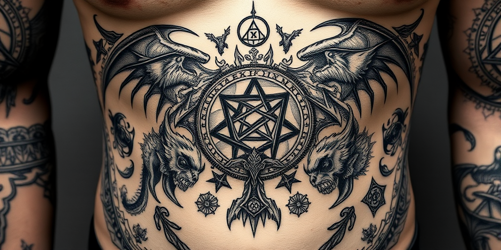 Mystical blackwork tattoo named "Shadowrealm Chronicles" featuring intricate illustrations of mythical creatures and arcane symbols, creating a dark and mysterious narrative piece on the ribcage