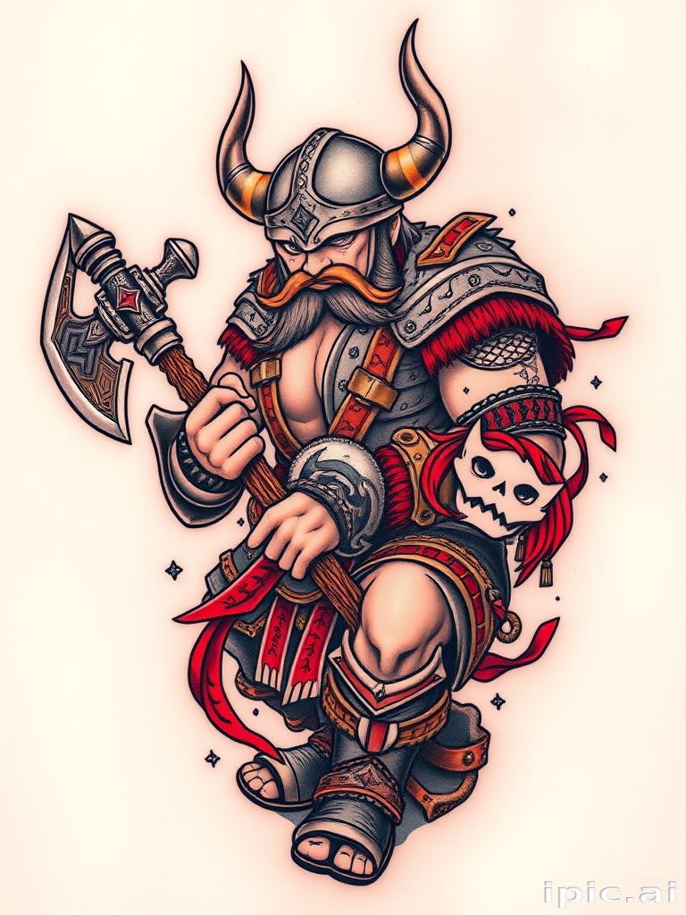 Neo-traditional tattoo of a fierce Viking warrior wielding an ornate battle axe, incorporating bold outlines, rich colors, and stylized elements inspired by Norse mythology