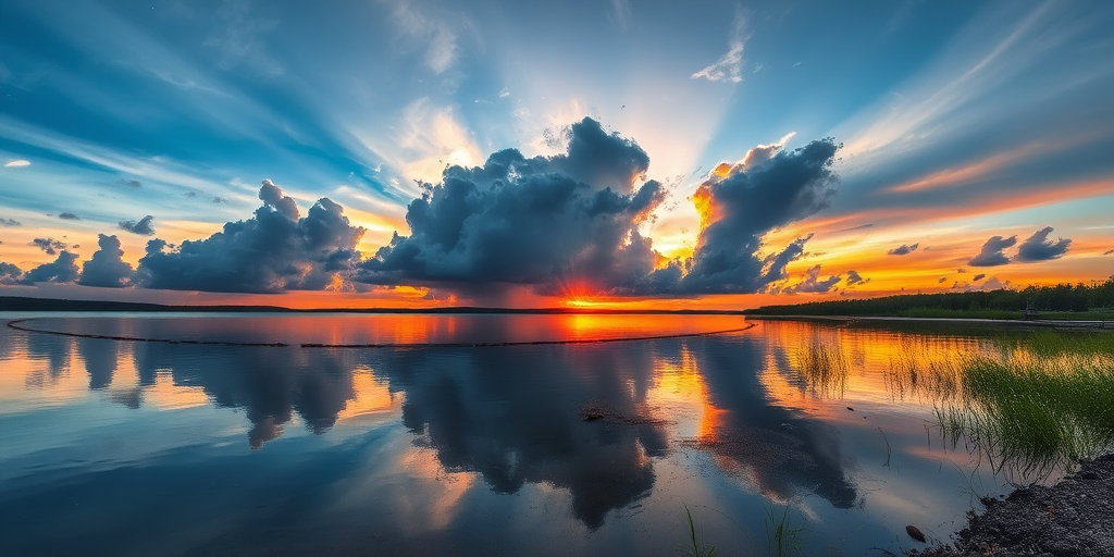 A tranquil lakeside landscape during sunset with dramatic clouds reflecting in the water, captured using a DSLR camera, 24mm lens at f/8, ISO 100, with a low-angle view to enhance the foreground, and HDR processing for vibrant colors.