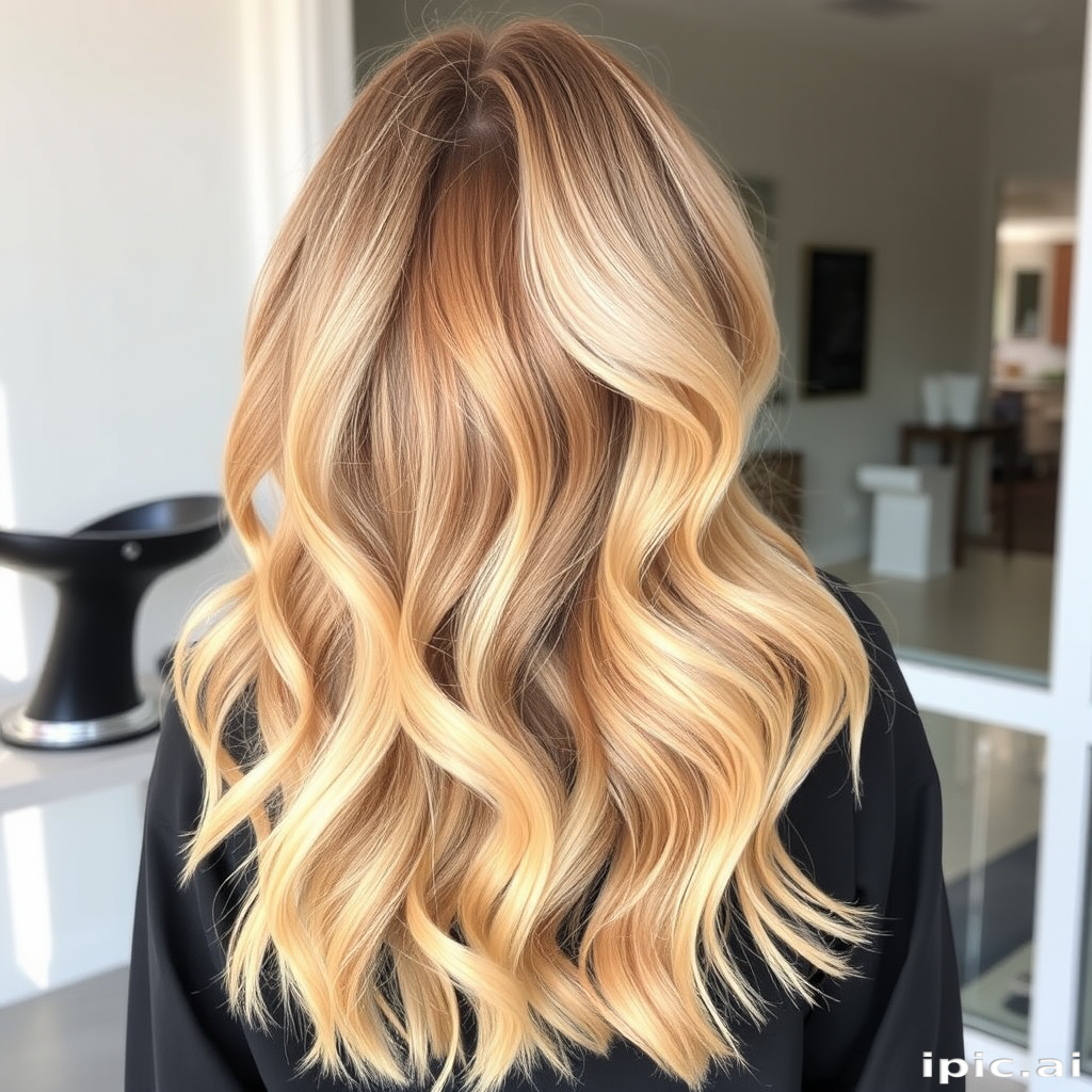 Warm honey blonde beach waves known as "Golden Hour Glow" with subtle lowlights and sun-kissed highlights, styled effortlessly for a carefree vibe