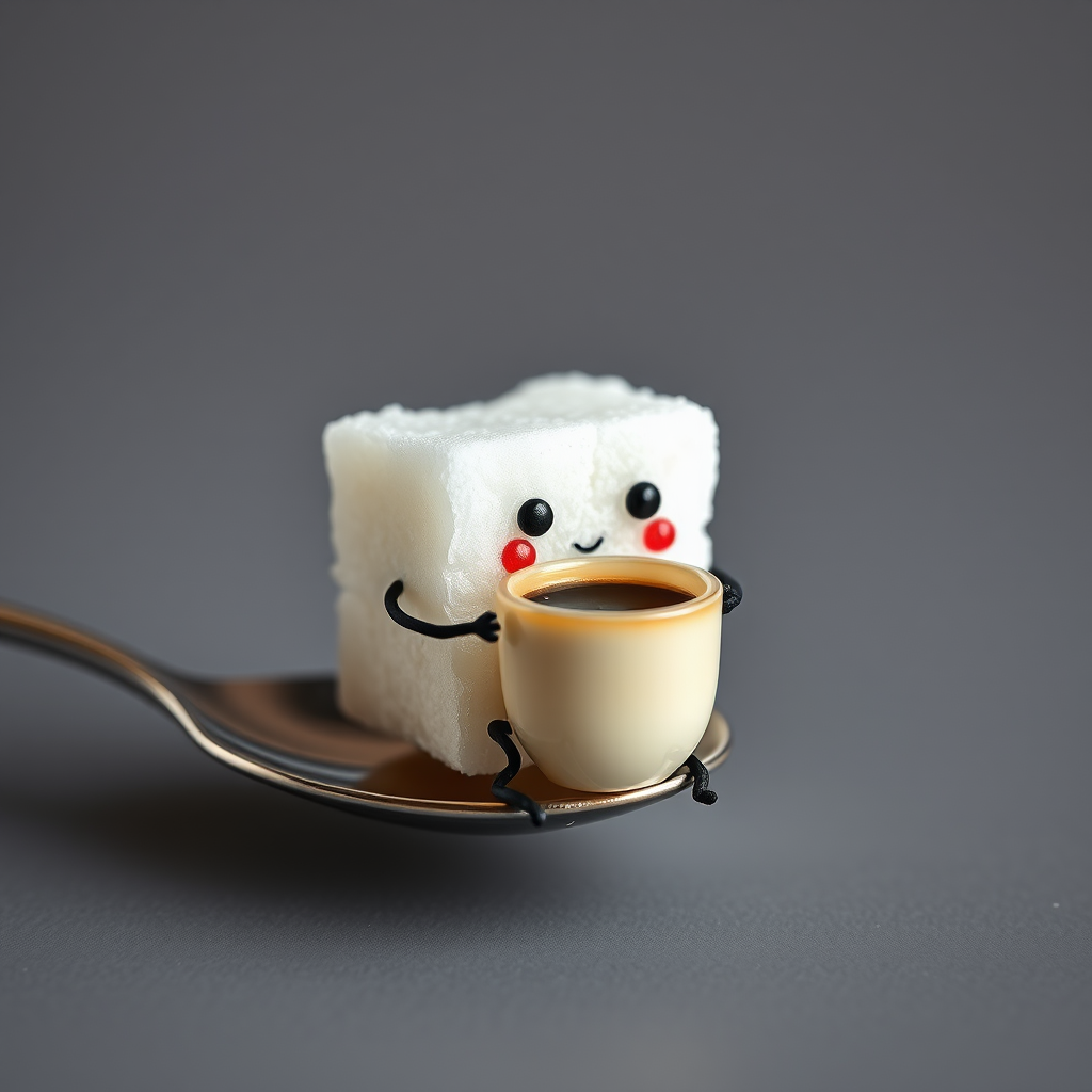 A sugar cube with a face and legs, sitting on a spoon and sipping a tiny cup of coffee.