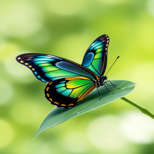 Create an image of a butterfly resting on a leaf. The butterfly should have vibrant blue, green, and yellow patterns on its wings. The background should be softly blurred with a mix of green and light colors to create a natural, serene atmosphere.