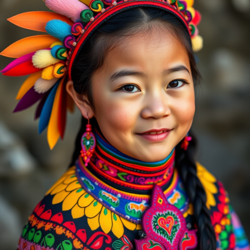 A beautiful Miao girl, wearing colorful bird clothing with vibrant colors