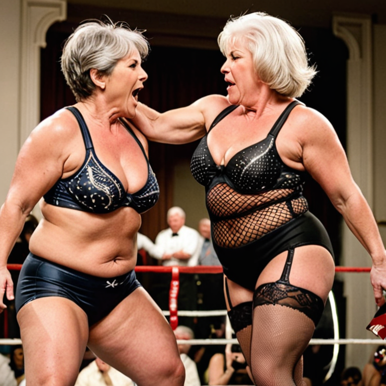 Free Ai Image Generator - High Quality and 100% Unique Images -  —  Two Full figured chesty muscular mature furious wives, short white hair,  low cut bodice, thong panties, fishnet stockings