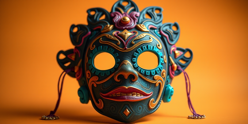 Create a detailed 3D rendering of a decorative mask with intricate designs and vibrant colors, using a Canon EOS R5 camera with a 50mm f/1.2 lens, aperture set to f/8, ISO 100, and a low angle view, in studio lighting to enhance texture and detail.