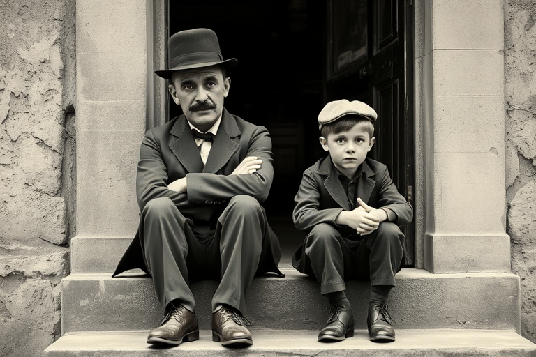 A black-and-white photograph of a man and a child sitting on steps in front of a doorway. The man is dressed as a tramp with a bowler hat, mustache, and ragged clothes, reminiscent of Charlie Chaplin's iconic look. He is sitting with his arms crossed and an expression of slight sadness or frustration. Next to him is a young boy, also in worn clothes and a cap, sitting with his hands clasped, looking thoughtful. The background is an old, textured wall and a partially open door, creating a vintage, early 20th-century atmosphere.