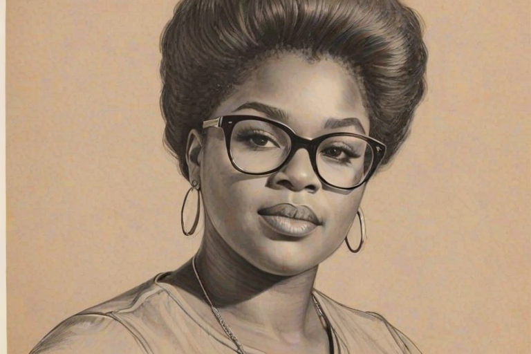 Charming Gabby Sidibe, pencil sketch, portrait of Wonderful woman 1972s in glasses, hair style beatnik, outline, clear lines, fine lines, 8k