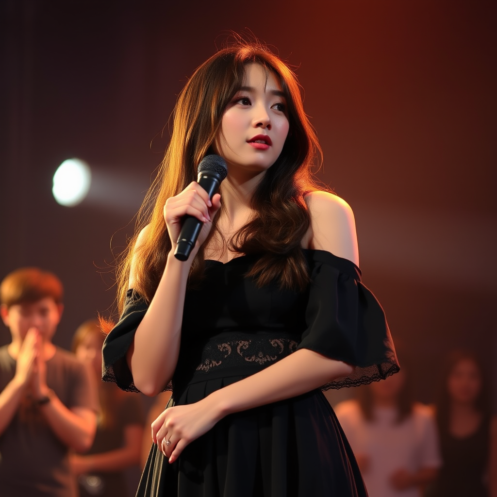 A young korean woman with long, flowing brown hair is standing in the center of the frame, holding a microphone in her right hand, and looking slightly off to the right side of the frame. She is wearing a black, off-the-shoulder dress with delicate lace detailing. The lighting is warm and dramatic, creating a spotlight effect on the singer. There are other figures in the background, blurred and out of focus, suggesting a concert or performance setting. The camera angle is low, capturing the woman from the waist up. The overall atmosphere is intimate and captivating.