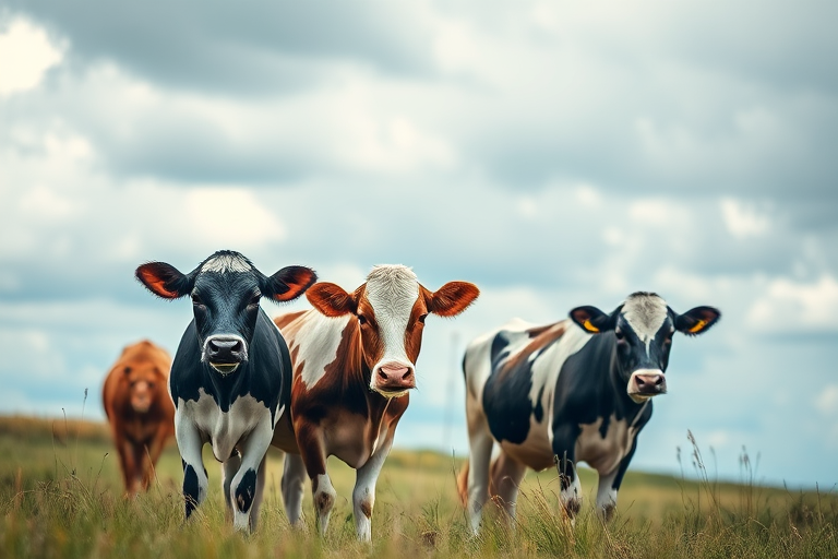 Regenerate the image of three cows in a grassy field under a cloudy sky, taken with a DSLR camera at 50mm f/1.8, aperture priority mode, ISO 100, focus on the foreground cow, natural lighting, and with a shallow depth of field for enhanced background blur.