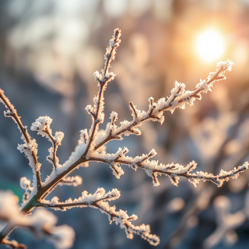 photograph of frosted branches under soft sunlight, aperture f/2.8, shutter speed 1/200 sec, ISO 100, close-up perspective, DSLR camera with a macro lens, natural lighting, warm color tone