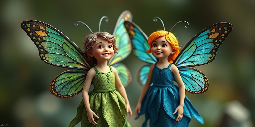 Create a hyper-realistic image of two fairy-like figures with butterfly wings, one wearing a green patterned dress and the other in a blue one, captured in vibrant colors using a DSLR camera, 50mm lens, f/1.8 aperture, ISO 200, with a soft focus background to enhance details and emphasize the figures' joyful expressions and the intricate designs of their wings.