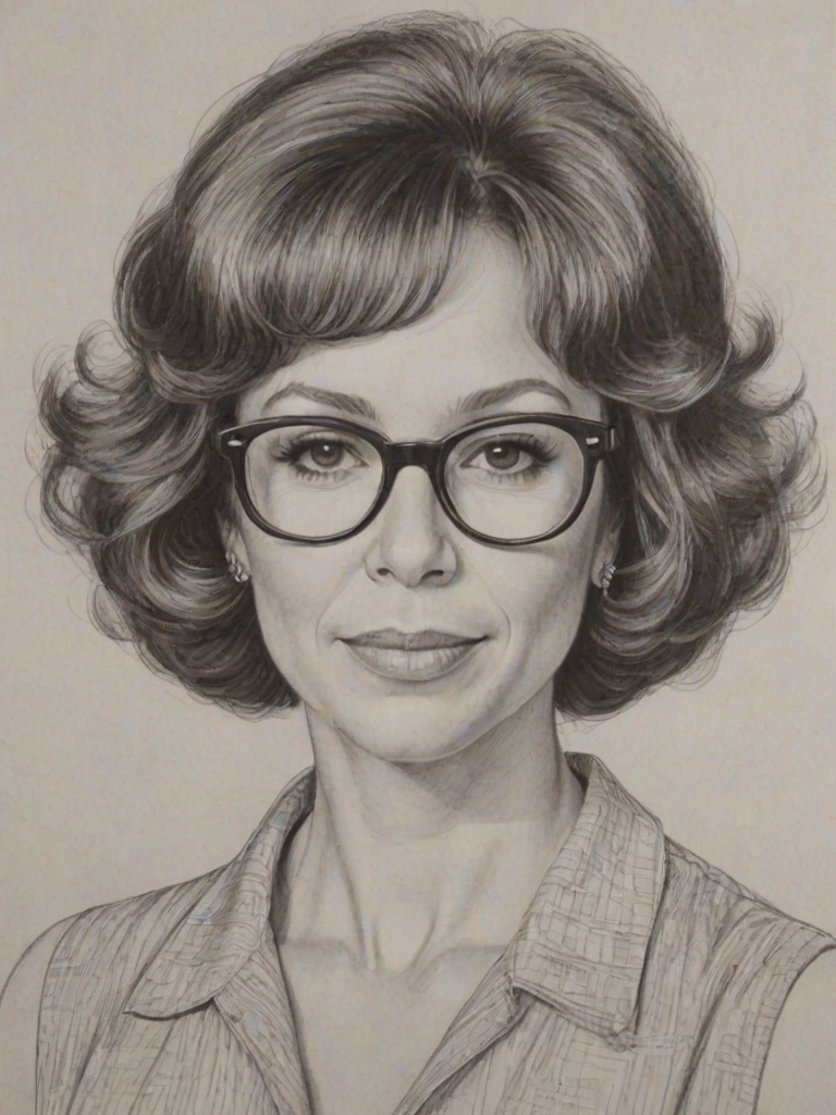 Pleasing Rhea Perlman, pencil sketch, portrait of Elegant woman 1968s in glasses, hair style beatnik, outline, clear lines, fine lines, 8k