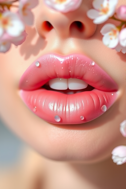 Romantic "Blossom Breeze" lip design incorporates a delicate pink base with a sheer, iridescent overlay, mimicking the soft petals of cherry blossoms and adding a touch of springtime whimsy