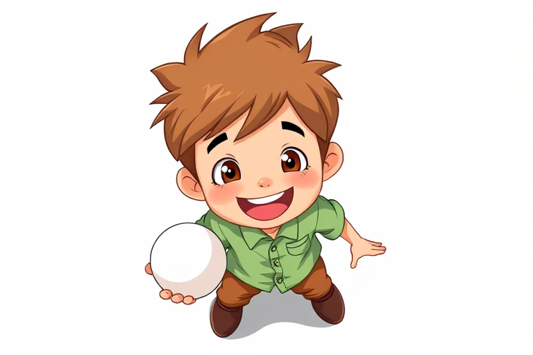 Create an illustration of a cheerful cartoon boy with brown spiky hair, wearing a light green shirt and brown pants, holding a white ball, captured from a top-down perspective using a digital illustration style with high resolution, 300 DPI, and vibrant colors.