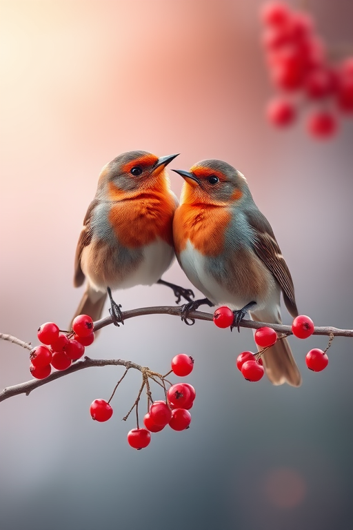 Create a high-resolution digital illustration of two birds perched on a branch with berries, using a soft gradient background, with a Canon EOS R5 camera, f/4 aperture, 50mm lens, and an overhead view for enhanced detail and color vibrancy.