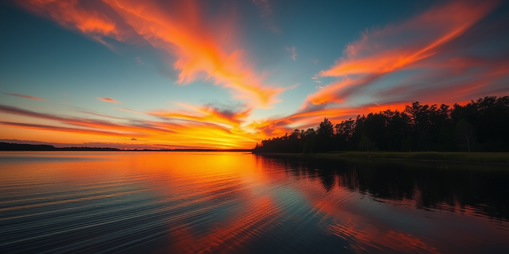 Capture a vibrant sunset over a serene lake with the reflection of trees, 50mm lens, f/2.8 aperture, ISO 100, 1/200 sec shutter speed, taken from a low angle for a dramatic effect, using a DSLR camera.