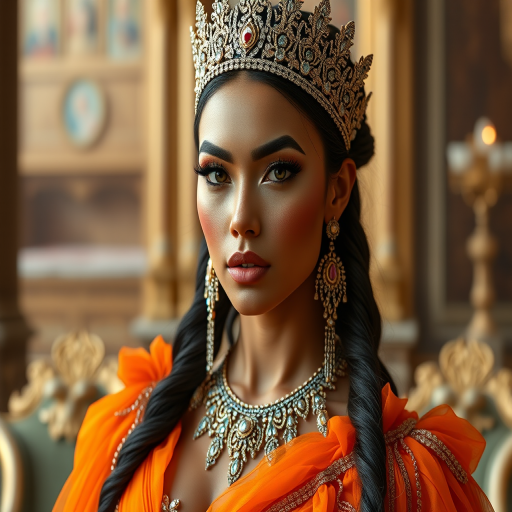 A gorgeous Native American woman in a luxurious orange gown, accessorized with a dazzling tiara and statement earrings, her deep Yellow eyes highlighted by impeccable makeup, poised in a royal setting, photorealistic, 8K quality