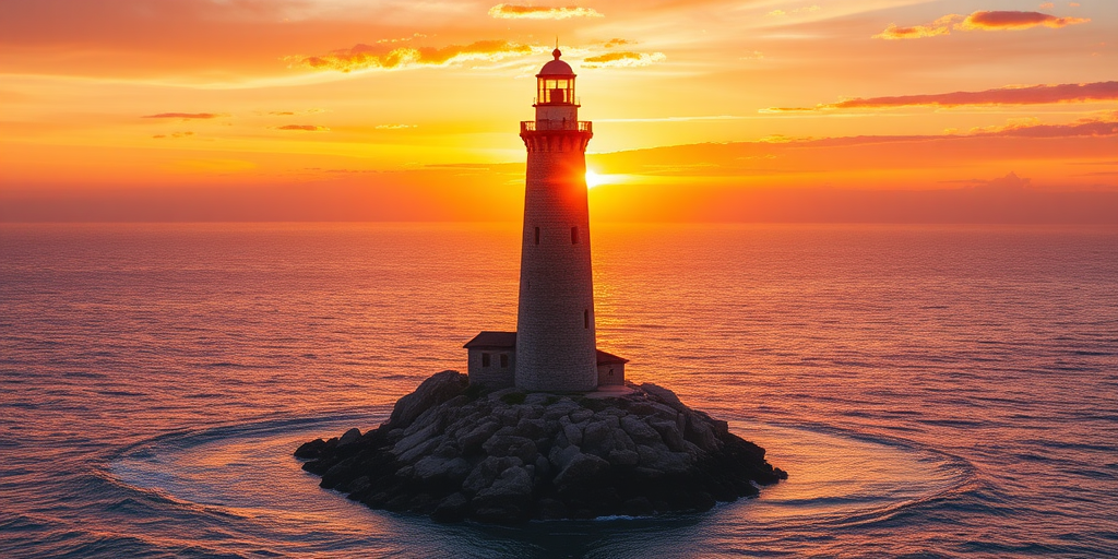 Generate an image of a tall lighthouse perched on a rocky outcrop surrounded by calm ocean waters during a breathtaking sunset. The lighthouse stands sturdy and weathered, its stone surface illuminated by the warm golden light of the setting sun. The sun's rays pass directly through the glass lantern room at the top of the lighthouse, casting a brilliant light across the scene. The sky is painted with vibrant shades of orange, pink, and purple, reflecting off the tranquil sea. The surrounding water shimmers with the same warm hues, creating a serene and majestic atmosphere.