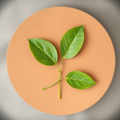 Create an illustration of three green leaves on a brown circular background, shot with a Canon EOS 5D Mark IV, 50mm lens, f/2.8 aperture, 1/100 sec shutter speed, in natural light, with a shallow depth of field to enhance the leaves' details.