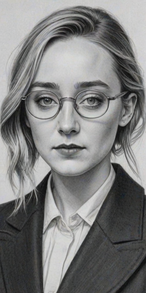 Magnificent Saoirse Ronan, pencil sketch, portrait of Sublime woman 1922s in glasses, hair style beatnik, outline, clear lines, fine lines, 8k