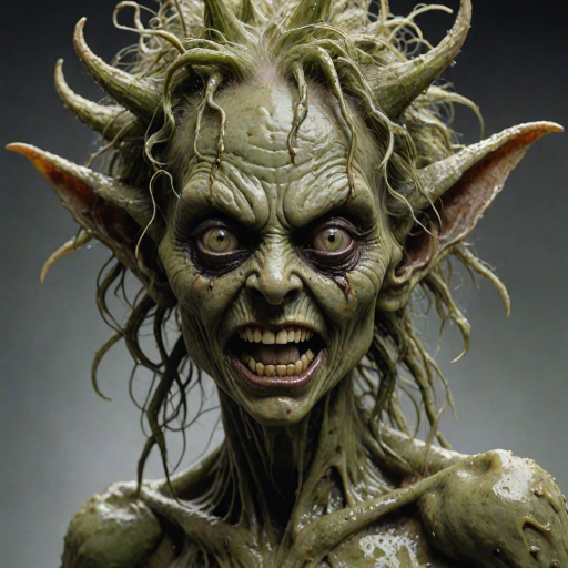 macabre style Grimacing grotesque goblin maiden, adorned with tangled grease-laden hair, her visage morphing like molten wax, numerous blemishes dot her countenance while elongated ears protrude, large warts with hair in them, encircled by sinister ferrofluid tendrils. Close-up of head, she gazes upward and sidelong, evoking awe (1.2) yet tainted by surprise (0.7). Light green skin beneath sombre rim lighting, style of Richard Corben, style of Glenn Fabry, . dark, gothic, grim, haunting, highly detailed,