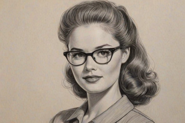 Stunning Sarah Drew, pencil sketch, portrait of Appealing woman 1956s in glasses, hair style beatnik, outline, clear lines, fine lines, 8k