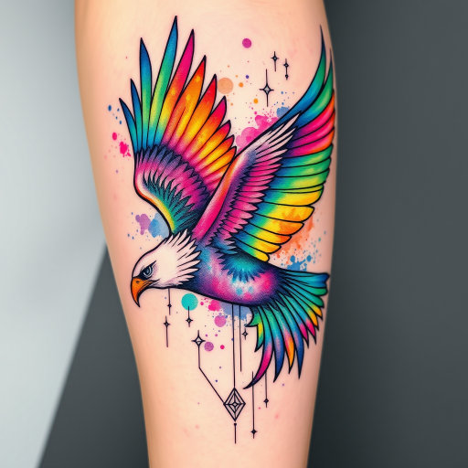 Vibrant watercolor splash tattoo featuring a soaring eagle with rainbow feathers, blending seamlessly into a cosmic nebula backdrop, incorporating intricate geometric patterns and delicate line work for a stunning fusion of realism and abstraction