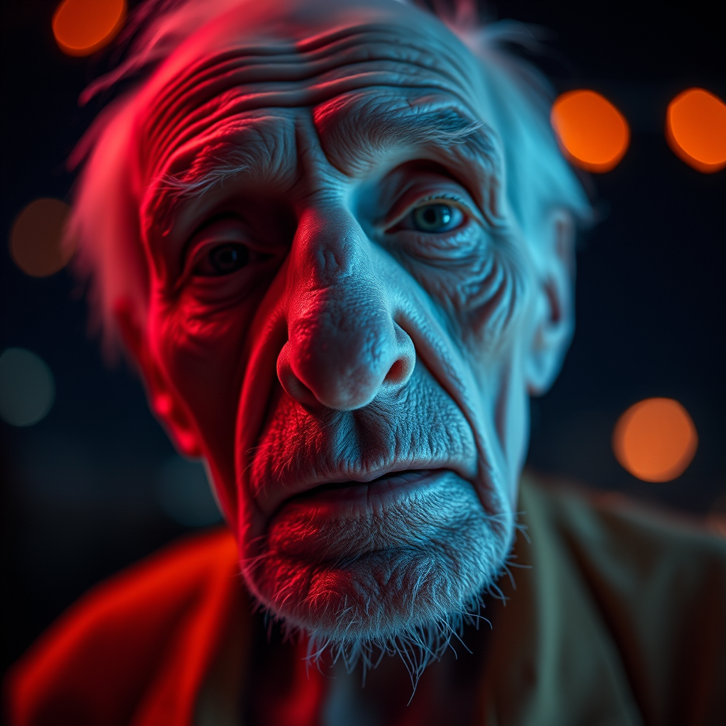 create a close-up perspective view fine art photography contemporary style of an elderly worn albino’s face with a soft, candid expression on a blurred sky black light background.Showcasing a modern style characterized by vibrant blacklight tones, using dramatic lighting and soft gradients to create a fine art atmosphere. The focus is on the light and facial features. motion light blur, neon backlit