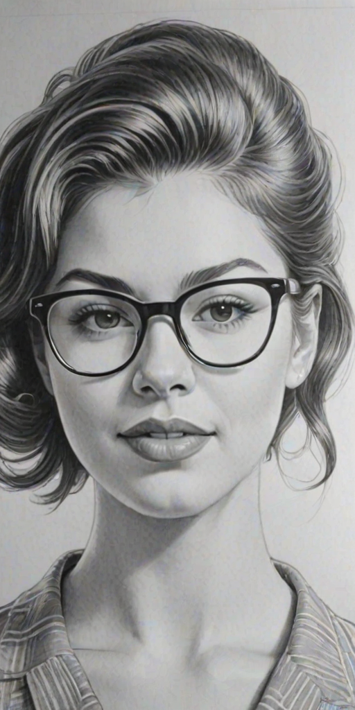 Dazzling Kira Kosarin, pencil sketch, portrait of Captivating woman 1950s in glasses, hair style beatnik, outline, clear lines, fine lines, 8k