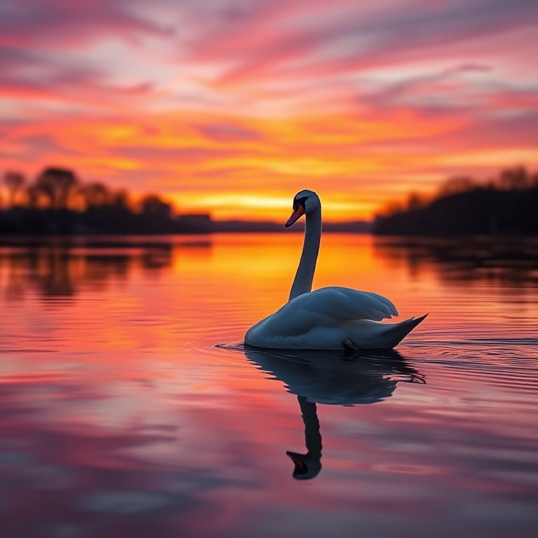 swan gracefully gliding on a reflective lake at sunset with vibrant purple and orange hues in the sky, shot with a Canon EOS 5D Mark IV, 85mm lens, aperture f/2.8, shutter speed 1/500s, ISO 200, soft focus background for enhanced depth.