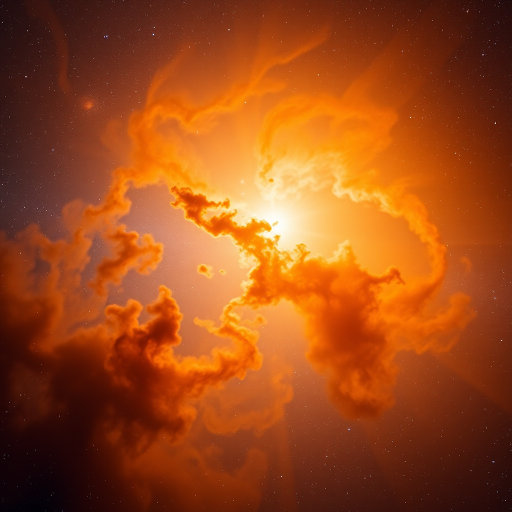 high-resolution image of a vibrant cosmic nebula with swirling clouds of orange and golden hues, taken with a Canon EOS R5, 24mm lens, f/2.8 aperture, ISO 800, 1/100s shutter speed, in astrophotography style, with a wide-angle view to capture the expansive depth of space