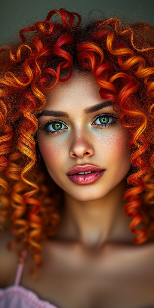 Generate a hyper-realistic portrait of a woman with vibrant, colorful curly hair in a soft focus background, using a Canon EOS R5 camera with an aperture of f/1.8, ISO 100, 85mm lens, and a warm, dramatic lighting style to enhance skin texture and hair color.