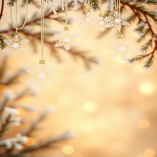 Create a festive winter background featuring soft golden tones with hanging white snowflakes and ornaments. Include a gentle bokeh effect to enhance the dreamy atmosphere, making it perfect for a holiday theme.