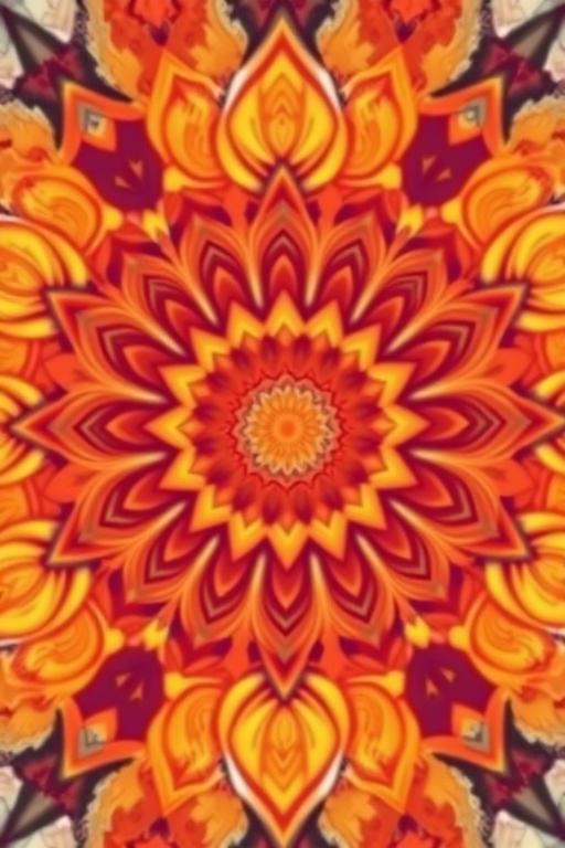 create a vibrant mandala design with intricate patterns in warm colors, high resolution, 50mm lens, f/8 aperture, ISO 100, top-down view, digital art style, professional quality