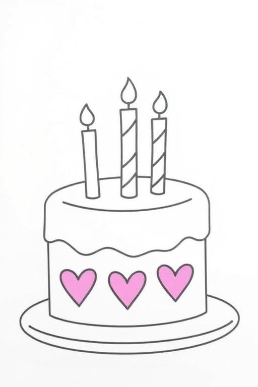 Draw a simple birthday cake with three candles on top and pink hearts decorating the sides with a plate underneath the cake.