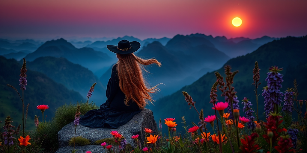 create a mystical landscape featuring a witch with flowing hair sitting on a cliff at twilight surrounded by vibrant flora, moonlit mountains in the background, use a Canon EOS R5, 50mm lens, f/1.8, ISO 100, HDR photography style for enhanced detail and color depth