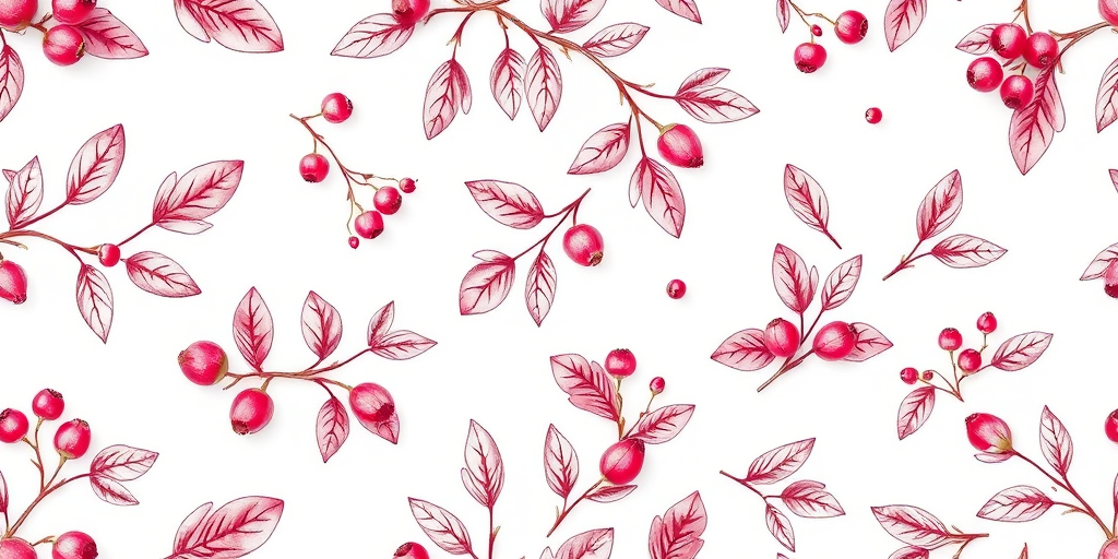 create a seamless pattern of hand-drawn botanical elements featuring pink leaves and berries on a white background, shot with a Canon EOS R5, 50mm lens, f/2.8 aperture, ISO 100, in natural light to enhance colors and details.