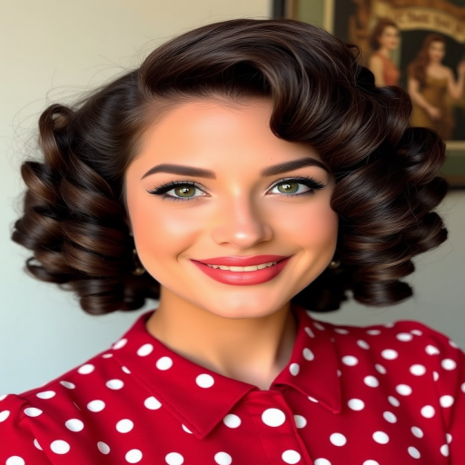 Rich chocolate brown curls with caramel highlights, styled in a voluminous 1940s-inspired pin-up look complete with victory rolls, dubbed Vintage Mocha Dream
