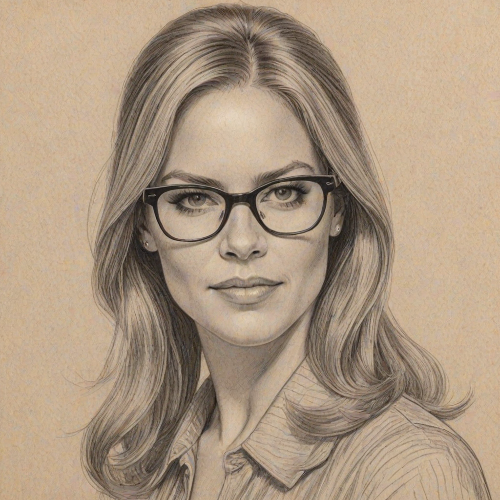 Ravishing Mary McCormack, pencil sketch, portrait of Magnificent woman 1960s in glasses, hair style beatnik, outline, clear lines, fine lines, 8k