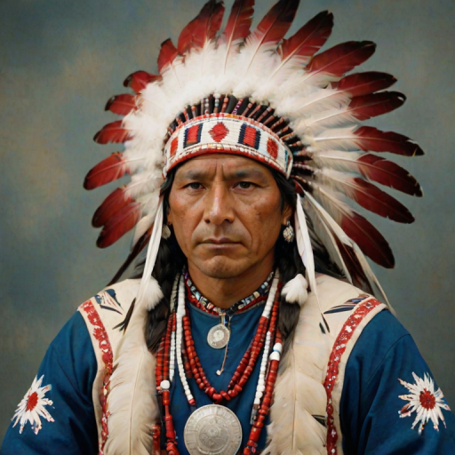 Create a dignified portrait of a Native American man dressed in traditional attire. He wears a beautifully crafted headdress adorned with white feathers and red beads, along with a beaded headband featuring intricate patterns. His clothing includes a deep blue, patterned shirt and a traditional chest piece with detailed beadwork. His arms are crossed, displaying leather armbands decorated with feathers. The background is simple and neutral, emphasizing his proud and stoic expression. The overall image captures the rich cultural heritage and strength of his persona.