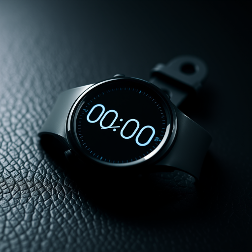 A close-up shot of a black smartwatch displaying the time 00:00 on a textured dark surface, using a DSLR camera with a 50mm lens, aperture set to f/1.8, ISO 100, and a shutter speed of 1/100 sec for enhanced clarity and depth of field.