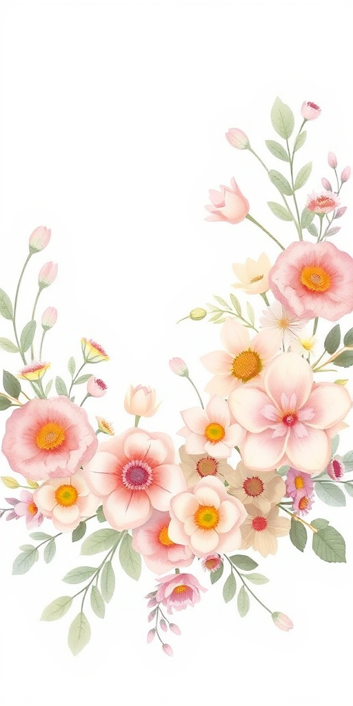 Create a digital illustration of a whimsical floral arrangement featuring a variety of flowers and leaves in soft pastel colors on a white background, using a wide-angle lens with f/2.8 aperture, 50mm focal length, and natural light for a soft, dreamy effect.