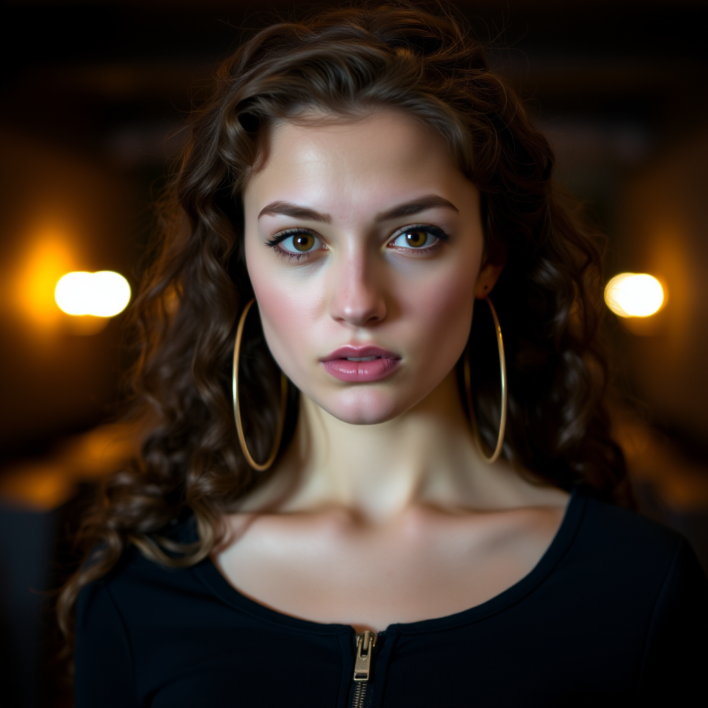 A young woman with long, curly brown hair is looking directly at the viewer. She is wearing a black top with a zipper down the front. The setting is a dimly lit interior space, with a warm, golden light emanating from the background. Her expression is neutral, with a hint of seriousness. The image is a close-up portrait with a shallow depth of field, focusing on the woman's face and torso. The background is blurred, creating a soft and intimate atmosphere.  She is wearing large gold hoop earrings, and a small gold chain is visible around her neck.  Her makeup is natural and simple, highlighting her brown eyes. The lighting creates subtle shadows that accentuate her features.  Her skin is smooth and glows in the soft light. The composition is balanced, with the woman's face positioned in the center of the frame.  The image is focused on capturing her beauty and confidence.