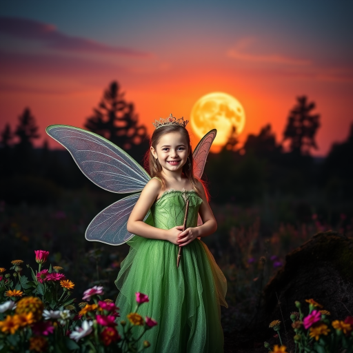 A vivid photo  taken under a bright camera flash of a fantastical scene set against a backdrop of a forest during sunset. The main subject is a girl dressed as a fairy, adorned with translucent wings and a green dress, holding a wand, her face is happy, and she wears a crown on her head. The forest behind her is a blend of flowers, shrubs and trees. The sky is painted in hues of orange and pink, with a large, glowing moon casting a warm glow over the scene. The overall color palette is dominated by earthy tones.